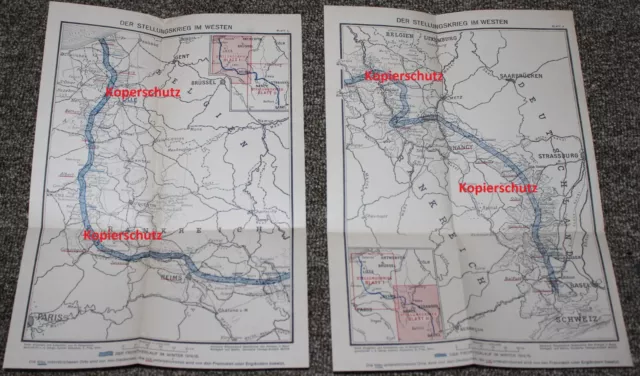 Landkarte Der Deutsche Angriff im Westen 1918 1.Weltkrieg Blatt 1 + Blatt 2 TOP