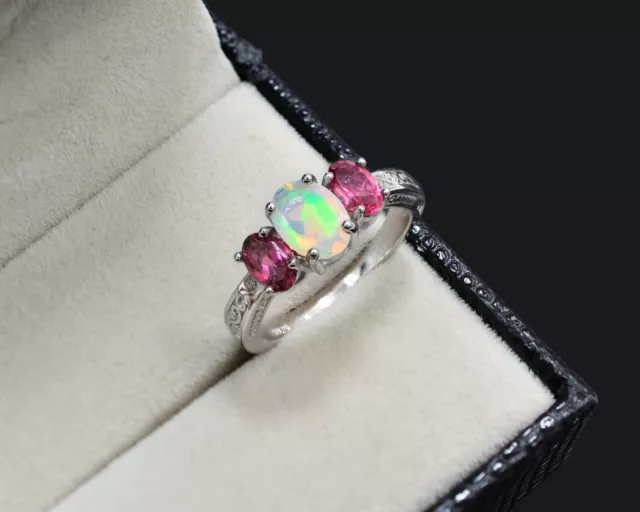 Natural Opal Cut & Pink Tourmaline Gemstone 925 Sterling Silver Engagement Ring