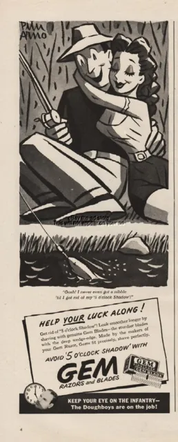 1945 Gem Razors & Blades Peter Arno Fishing With Girlfriend Date Nibble Art Ad