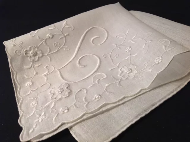 #5192🌟ELABORATE 40s Madeira Monogram "L" Linen Wedding Handkerchief Heirloom