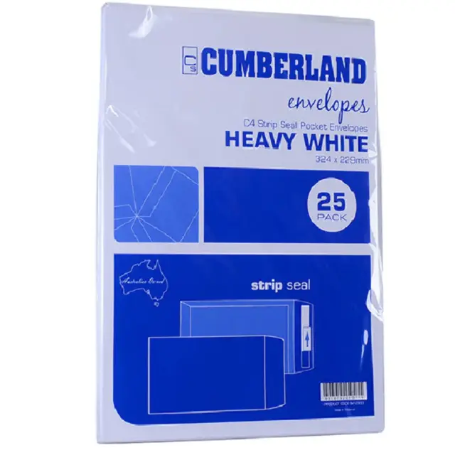 NEW Cumberland C4 Envelopes Pocket Strip Seal 100GSM 229x324mm White Pack 25