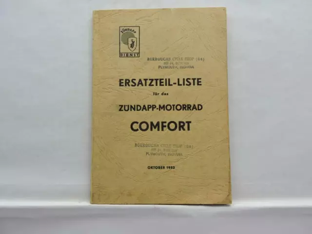 1952 Zundapp Motorcycle Parts List Comfort Model B9205