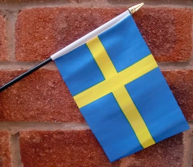 SWEDEN HAND WAVING FLAG Small 6" x 4" with black pole SWEDISH SVERIGE