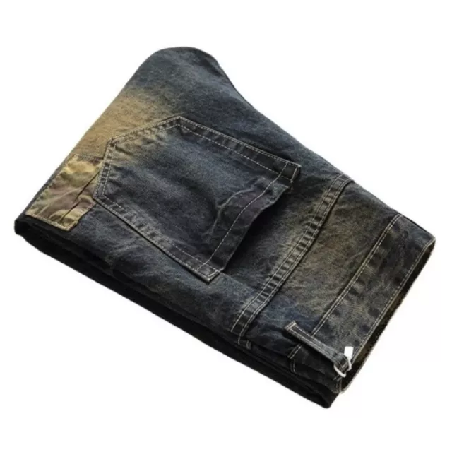 Uomo Strappato Affliggere Jeans Camouflage Patchwork Pantaloni Denim Skinny