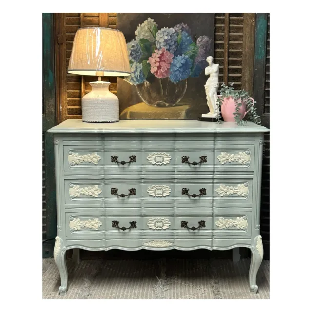 French Louis XV Style Ornate Carved Light Blue  Drawer Chest of Drawers