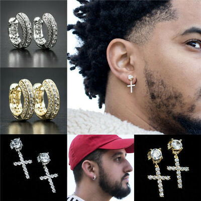 Silver Out Cz Small Cross Drop Dangle Huggie Stud Earrings for Men A Pair