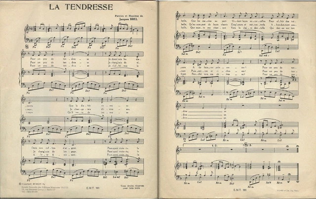 PARTITION DE MUSIQUE JACQUES BREL - La tendresse 1959 Music Sheet 4