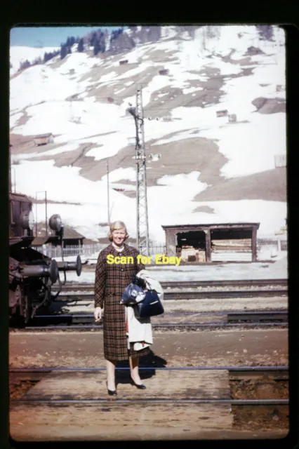 Blonde Woman at Train Station in Austria in 1950's , Kodachrome Slide aa 18-8a
