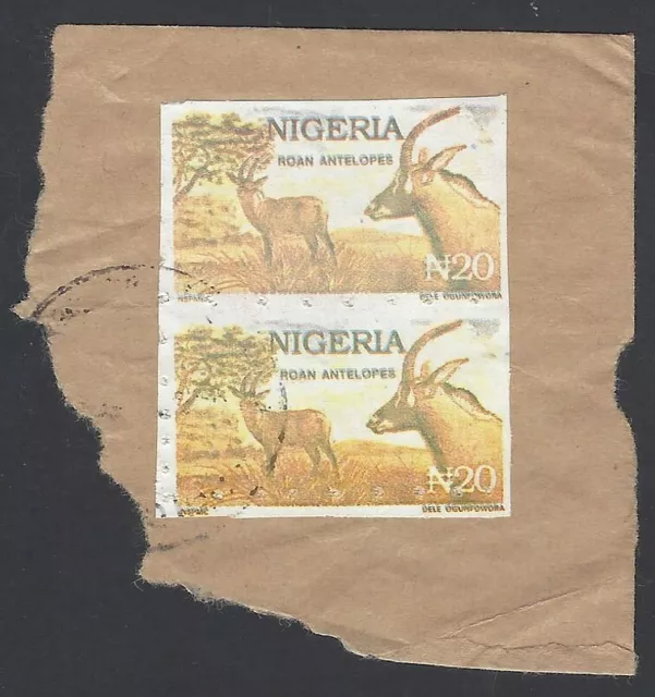 AOP Nigeria #615D 1992-93 Roan Antelope 20n POSTAL FORGERY pair pin perf 4