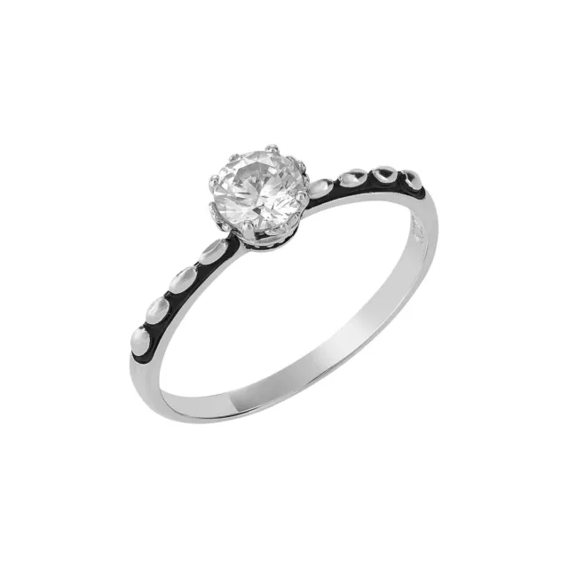 Sterling Silver Ring Oxidised Cubic Zirconia CZ Solitaire Stackable - Silverly