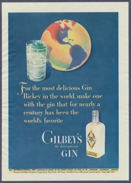 Gilbey's Gin Rickey Alcohol Vintage Magazine Ad 1943