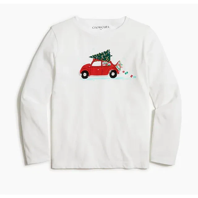 NWT J. Crew Girls' White W/Christmas Tree Car Graphic Tee - SIZE M