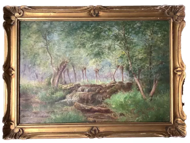 19thC GUILLEMET French impressionism Landscape Waterfall Oil Canvas Painting