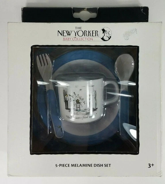 Nuevo en paquete New Yorker 5 piezas plato de alimentación bebé melamina conjunto azul problemas alimentarios almas absurdas