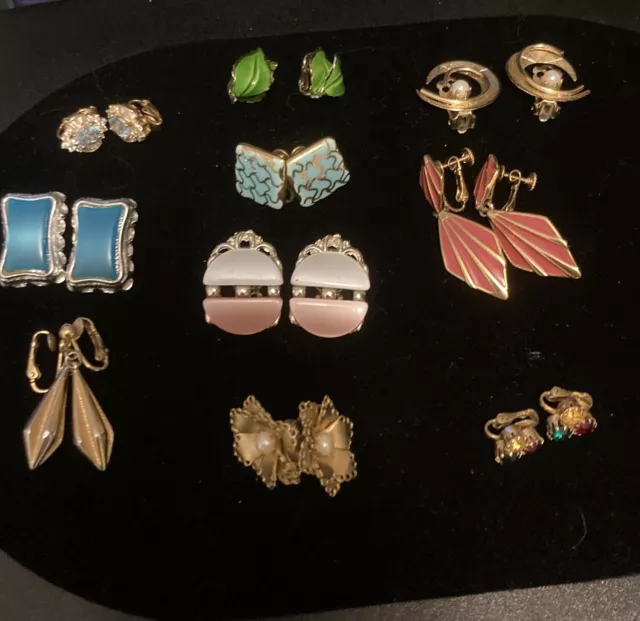 Lot of 10 Vintage Clip On Earrings 1960s to 1990s Rhinestones Enamel Ceramic