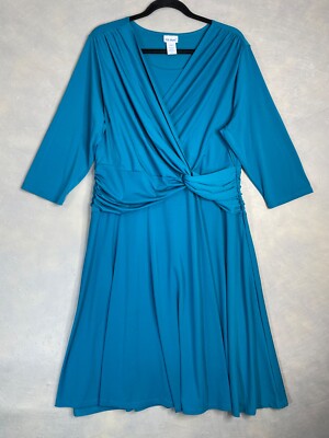 Vicki Wayne Womens Dress Size 14P Petite Teal Fit and Flare Ruched Waist