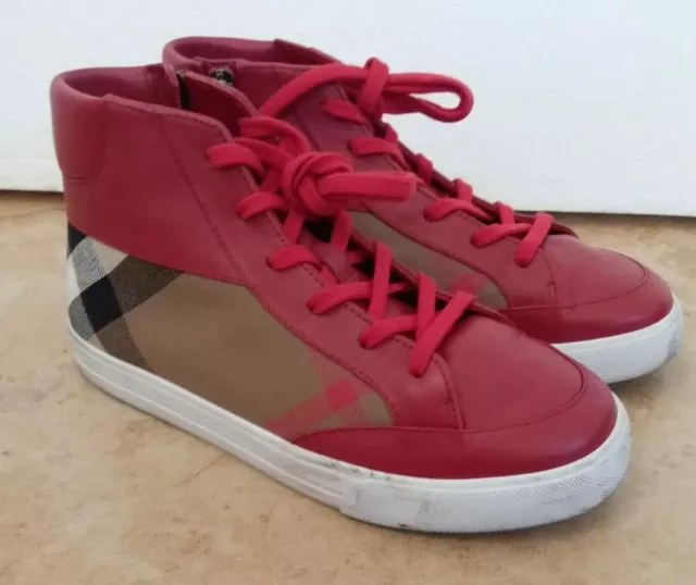 Burberry Kids House Check and Red Leather High Top Trainers Size EU33/US1.5