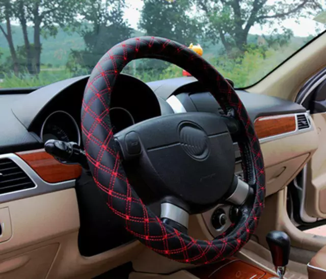 38cm Universal Sumex Soft Car Steering Wheel Sleeve Cover Black with Red Stitch