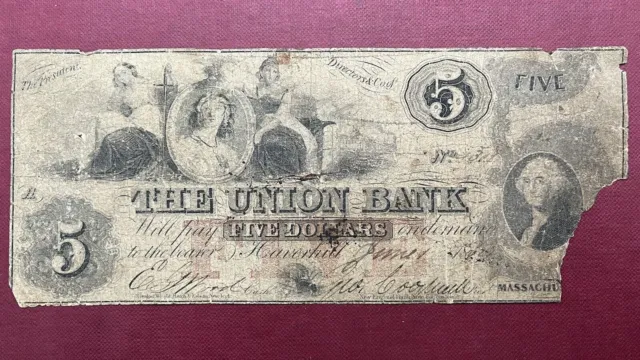 Five Dollars - Obsolete Currency - Union Bank Haverhill MA Circulated #58852
