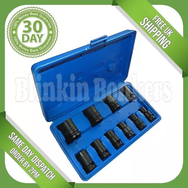 10Pc 1/2" Inch Drive Shallow Impact Metric Socket Set 10-24Mm 6Pt Hex Carry Case