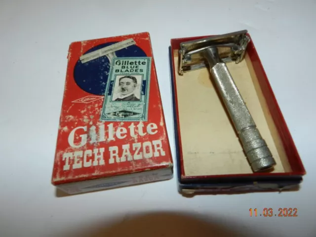 Vintage Gilette Blue Blades Tech Razor In Original Advertising Box