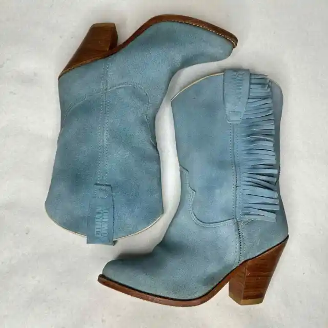 Urban Cowboy Suede Western Boots Blue Fringe Mid Calf Pointed Toe Womens Size 6