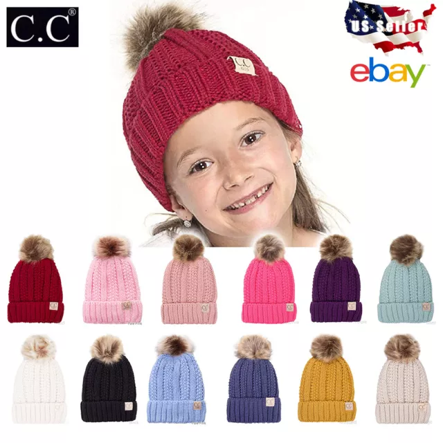 Toddler Kids cc Genuine C.C Ages 1-5 Sherpa Lining Pom Thick Knit Beanie Hat