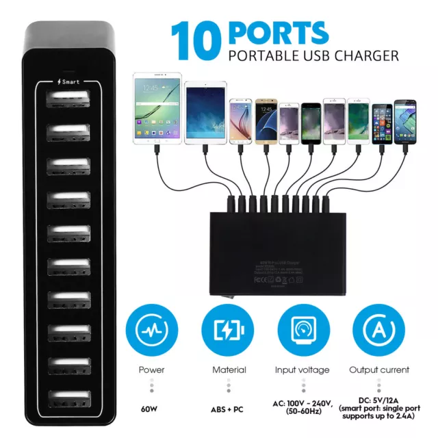 Multi Port USB Charger 10 Ports AC Adapter Travel Wall USB Hub Charging Station
