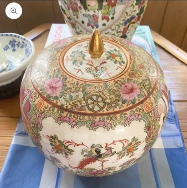 Antique Porcelain Famille Rose Chinese Ginger Jar with Lid, Hand Painted 