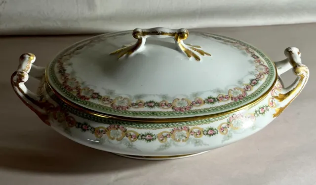 M. Redon Limoges France Rose & Leaf Band Oval Covered Vegetable Bowl With Lid