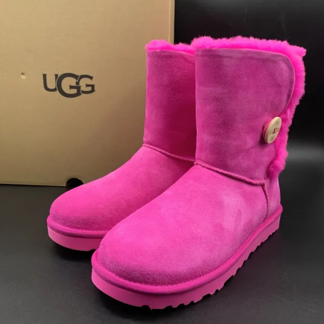 New Ugg Womens Bailey Button Boots Pink Suede Sheepskin Classic Size Us 7/Eu 38