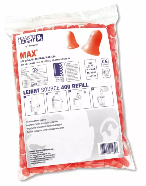 Honeywell Howard Leight Max 37dB Soft Foam Earplugs Can Be Used In A Dispenser