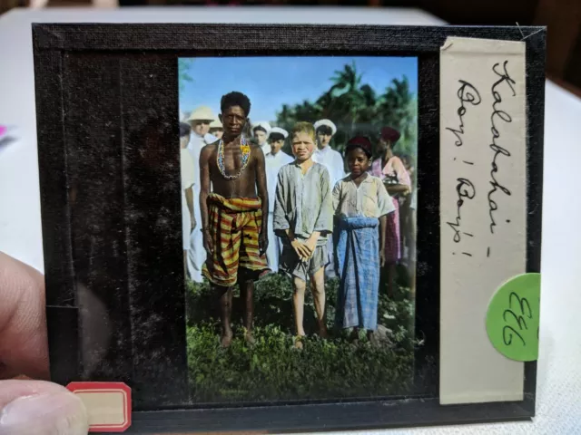 HISTORIC Colored Glass Magic Lantern Slide EEG KALAHARI BOYS with WESTERNER WHO?