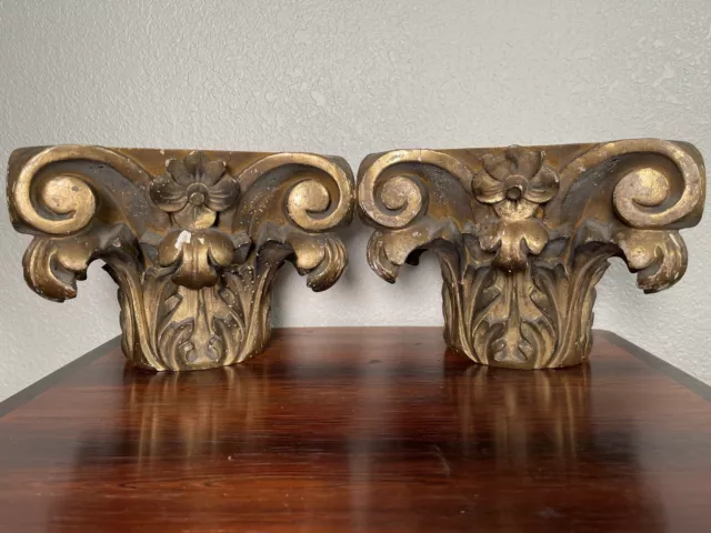 2 Antique Corinthian Carved Gilt Wood Capital Architectural 18th Century Bookend