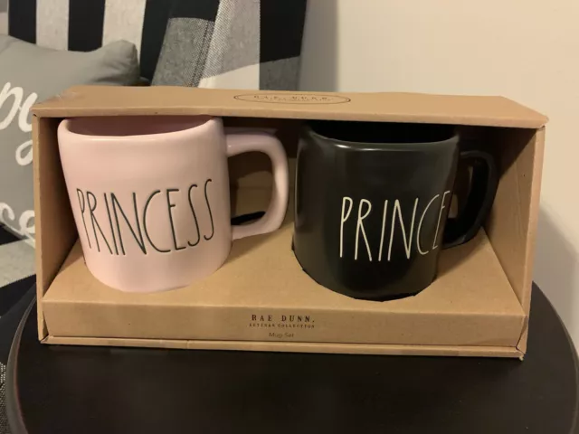 Rae Dunn PRINCESS and PRINCE Mugs Pink and Black Ceramic Coffee Mug Set NEW