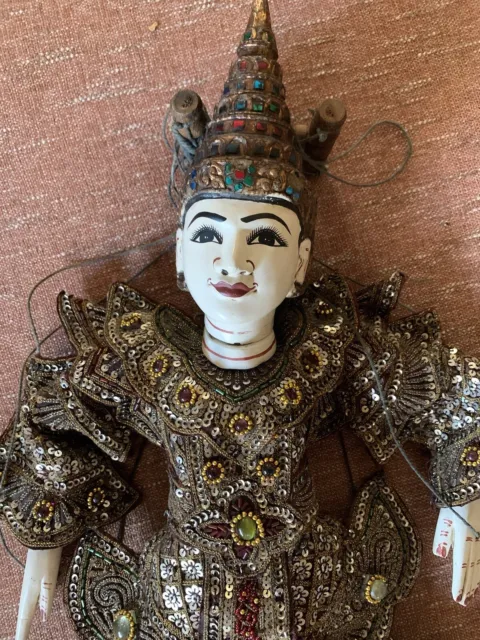 Antique Bejeweled Ornate Thailand or Burmese 26”x12” Handmade Puppet Marionette