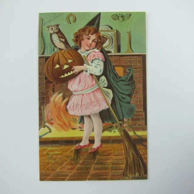 Vintage Halloween Postcard Girl Witch Pumpkin Jack-O-Lantern Owl Gold Embossed