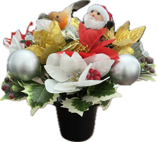 Christmas Grave Memorial Pot With Artificial Flowers with Christmas Robin