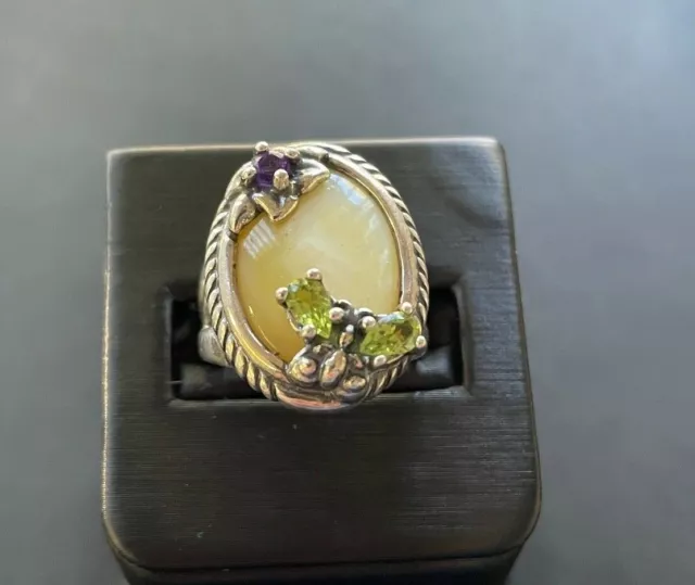 BEAUTIFUL STERLING SILVER Amethyst Emerald Opal Centered Ring, Size 6 ...