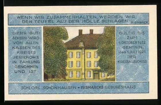 Notgeld Genthin 1921, 1 Mark, Bildnis Fürst Bismarck, Bismarcks Geburtshaus, Ba