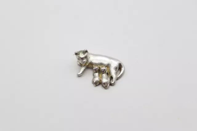 Vintage Sterling Silver Miniature Cat Feeding Babies Hallmarked London