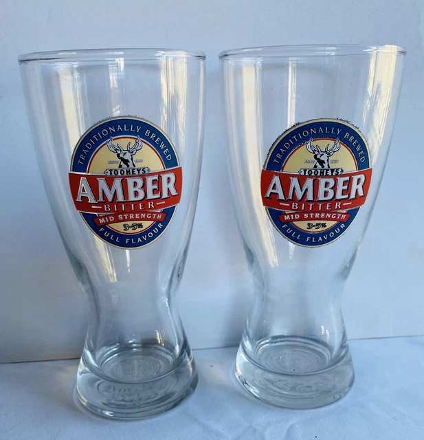 2 TOOHEYS AMBER Australian Bitter Beer Bar Glass Mug Cup Schooner Pint