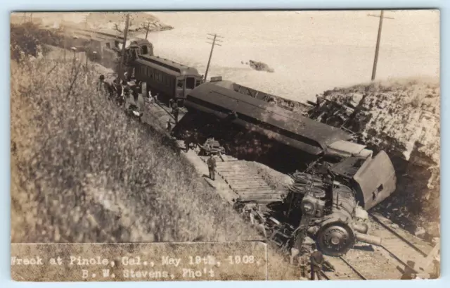 RPPC PINOLE, CA ~ Southern Pacific TRAIN WRECK 1908 Stevens Photo Postcard