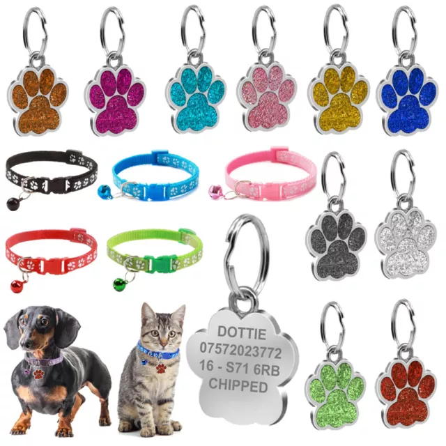 Collar With Engraved Pet Tag Personalised Puppy Paw Glitter Charm Kitten Cat Dog