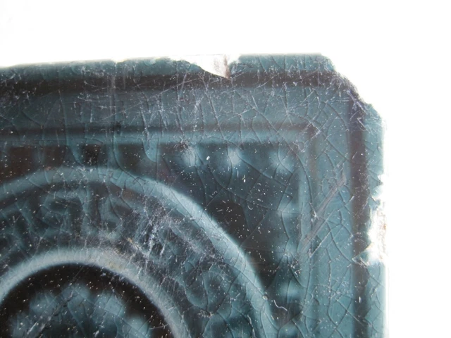 Antique Victorian Mintons 3" Sq. Moulded & Majolica Glazed Blue Tile 2