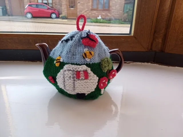 Hand Knitted Tea Cosy For Small Teapot - Caravan