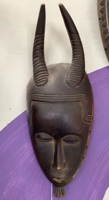 African Faced Horned Wooden Mask - TRIBAL ART PRIMITIF, 13” Approximately