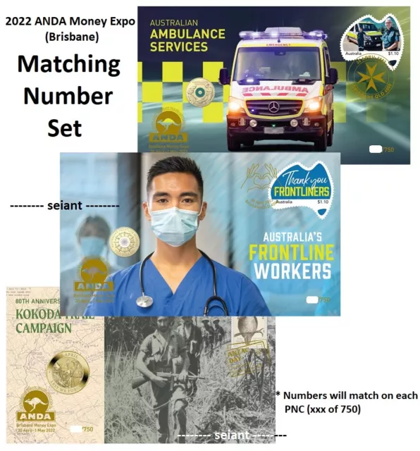 2022 PNC x 3 ANDA Brisbane Show Ambulance +Frontline +Kokoda Coin+Stamp Trio UNC