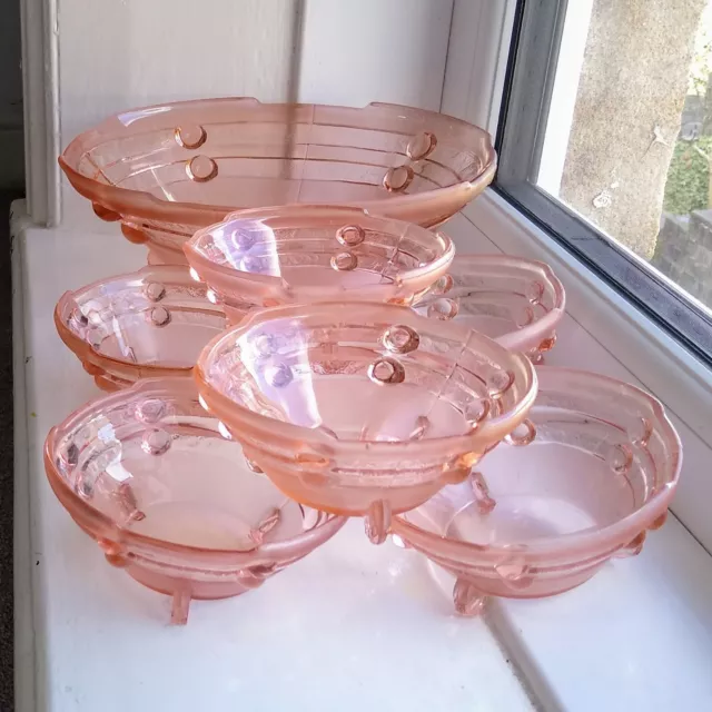 Art Deco Stölzle Hermanova Hut Pink Glass Bowls Set of 7 Vintage Dishes