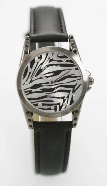 MUDD WOMEN WATCH Stainless Steel Black Leather Water Resist Zebra Striped Quartz 11.34 PicClick UK